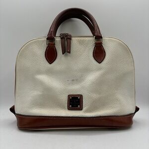 Dooney & Bourke Zip ZIp Satchel Pebbled Leather White Tan Domed Purse Double Zip